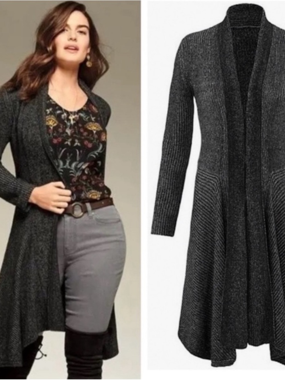 Stylish Open-Front Charcoal Gray Long Cardigan Sweater CABI cloak small women’s